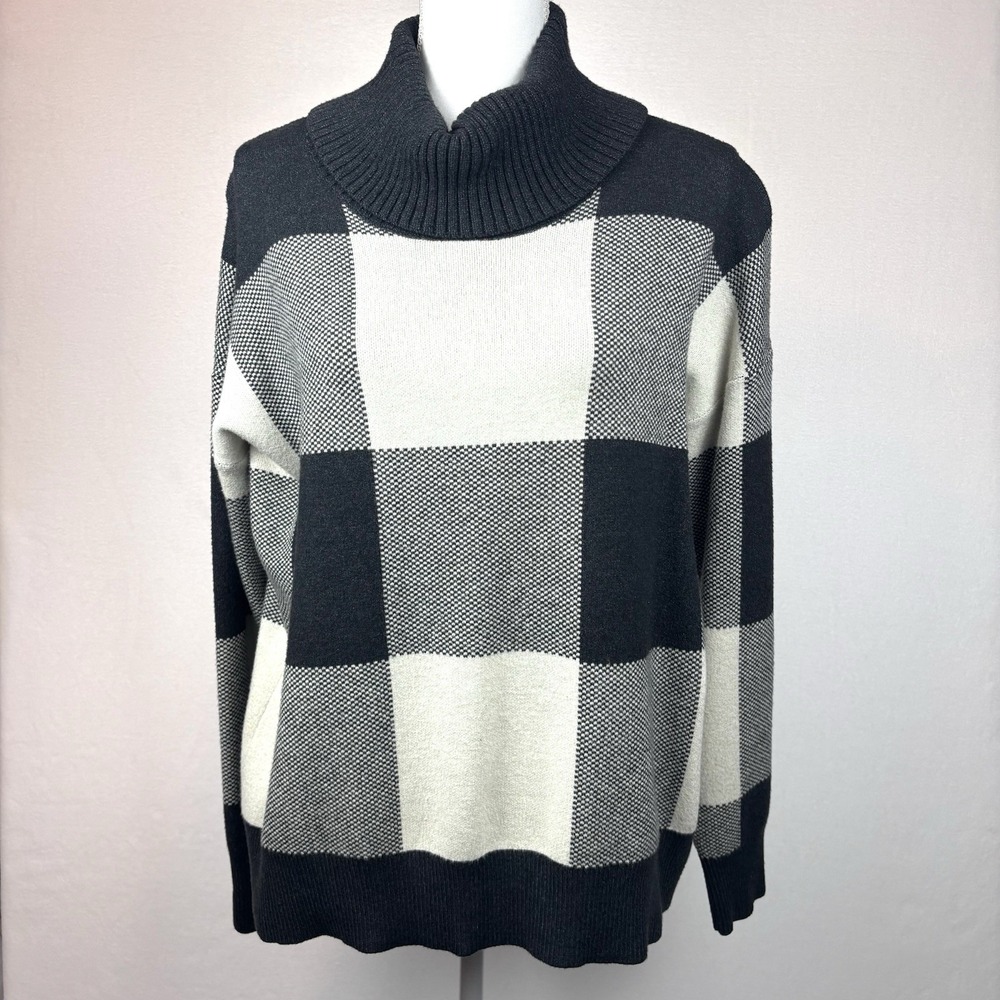 Tahari Turtleneck Sweater Gray Off-White Ivory Checkered Cozy Modern Pullover XL